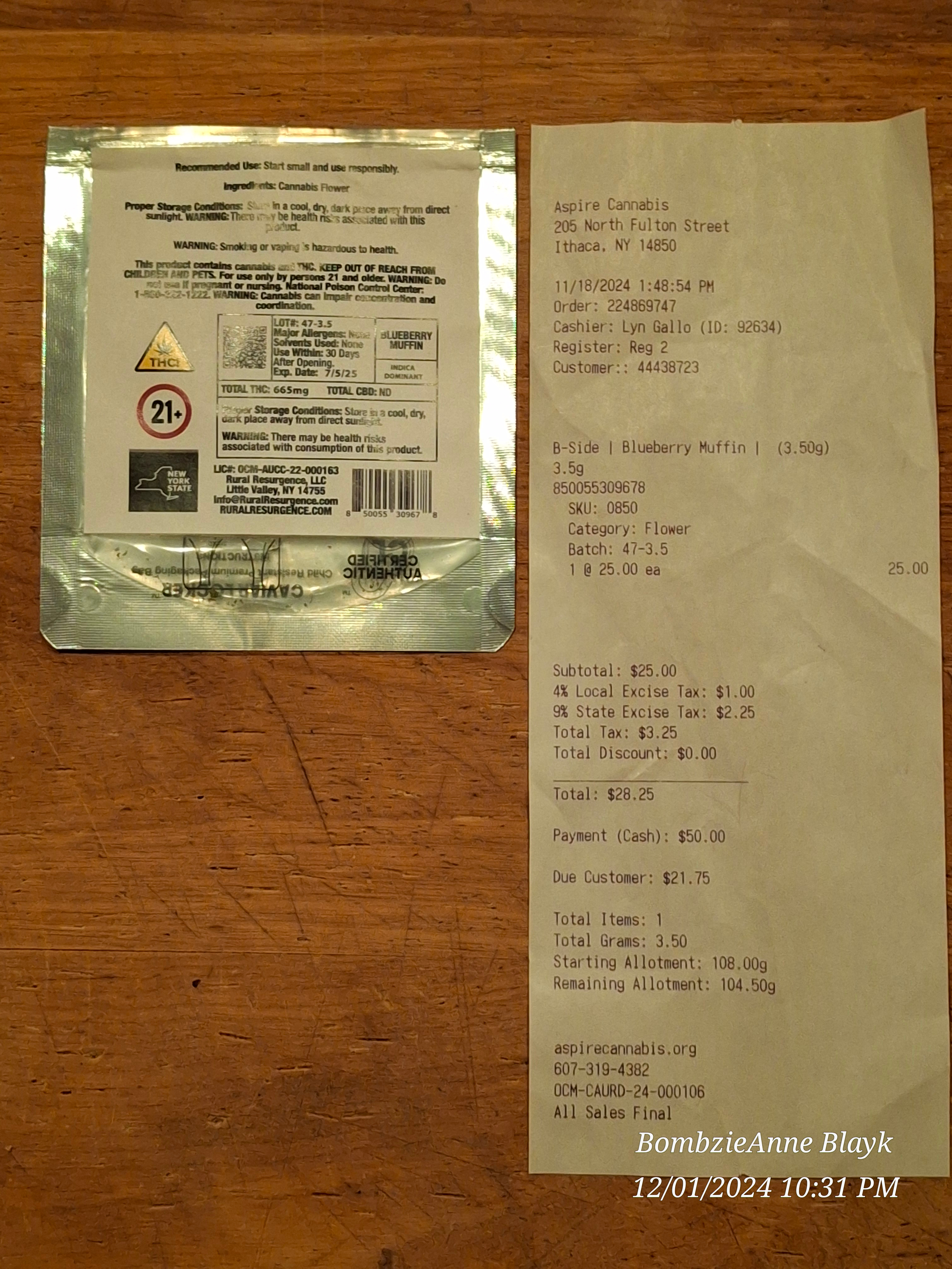 ./2024-11-18 - Aspire - B-Side Blueberry Muffin 1 x 3.5 gm - $28.25.jpg